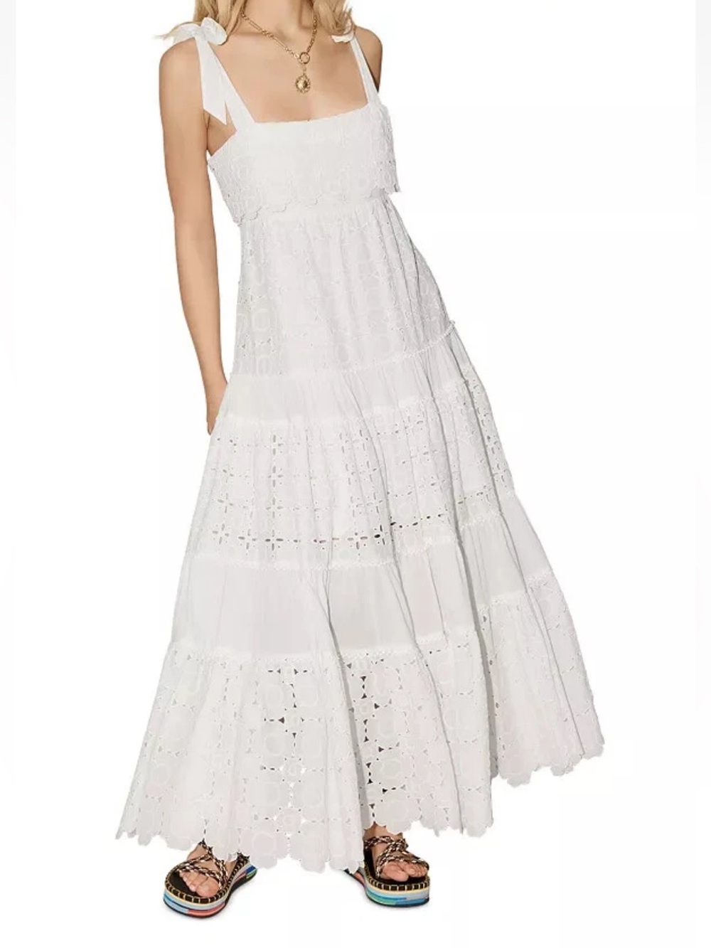 Alemais Womens Evie Cotton Lace Maxi Dress White Size 0 US Eyelet Tie-Shoulder